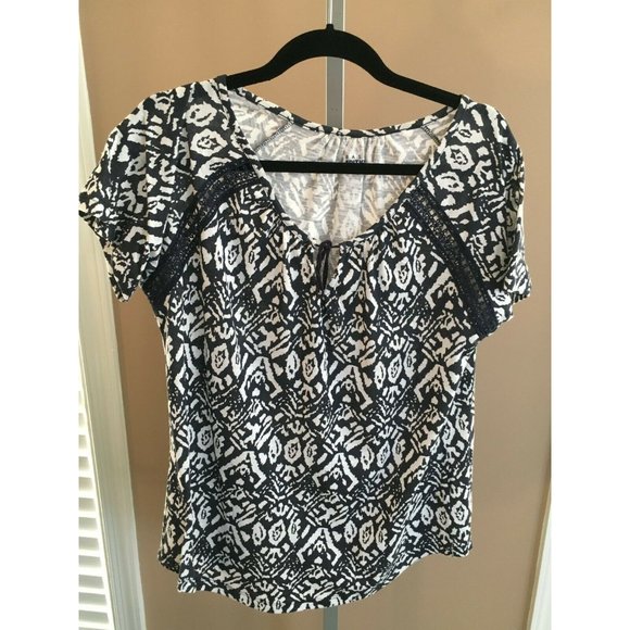 Basic Editions Shirt Navy Blue and White Cotton Spring Top Casual Womens Medium - Picture 6 of 9